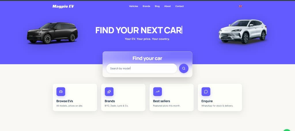 Magpie EV — purple hero with EV search and feature cards